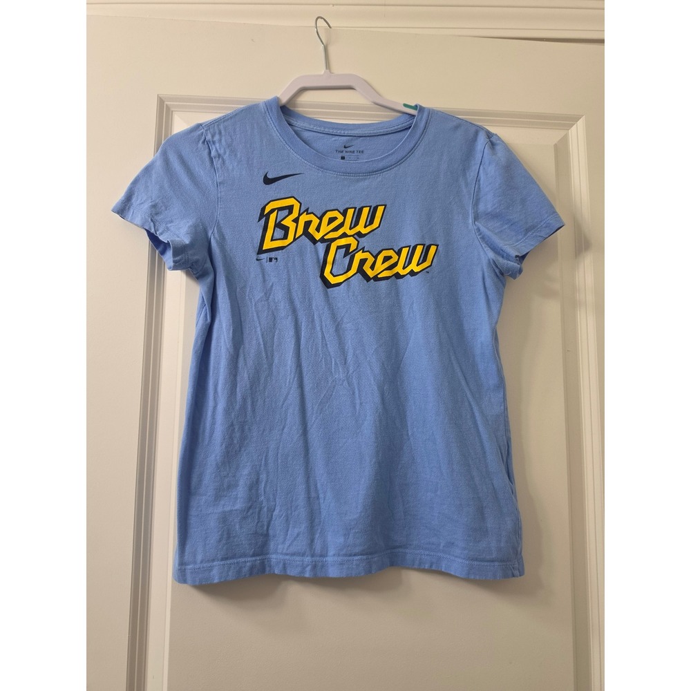 Nike Milwaukee Brewers Brew Crew Graphic T-Shirt Blue Yellow Womens Small